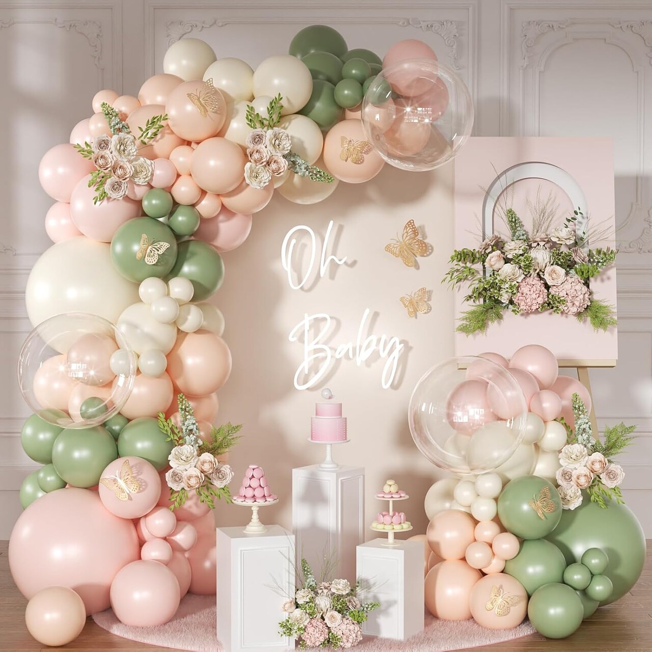 Pink and Sage Green Balloon Arch Kit - 131 Pcs Dusty Pink, Green and White Balloons for Baby Shower, Gender Reveal Decorations